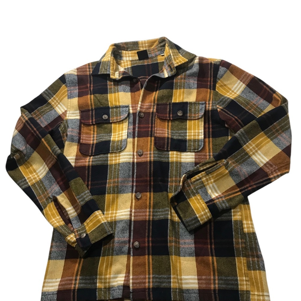 Men’s Plaid Flannel Button-Up Shirt – Yellow Brown Navy Check, Soft Brushed Cott